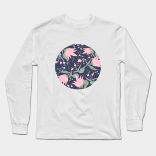 Pink Floral Pattern Dark Blue Long Sleeve T-Shirt